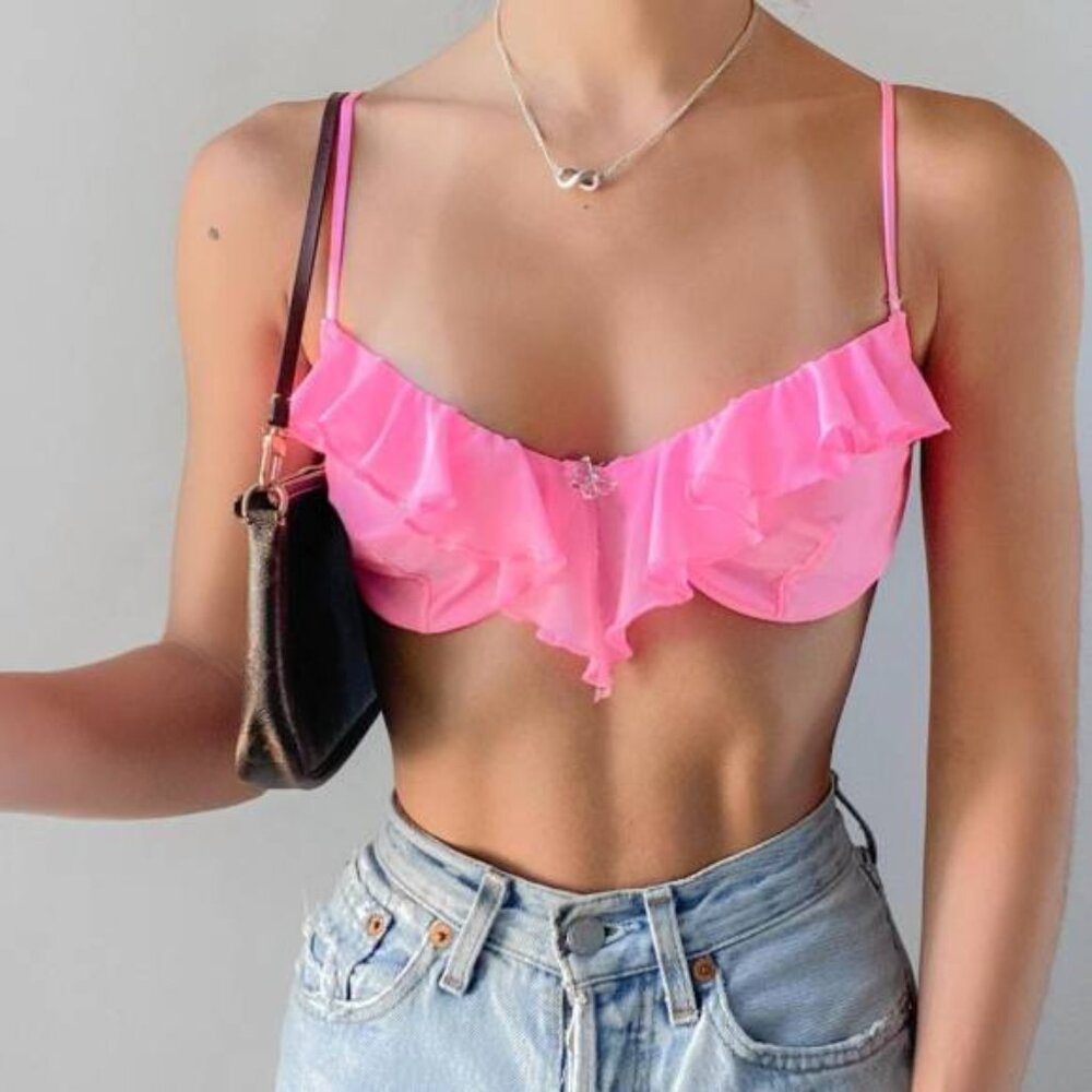 Urban Outfitter Out from Under Ruffle Pink Mesh Underwire Bra with Charm